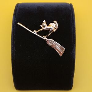 Vintage Cat on Broom Brooch